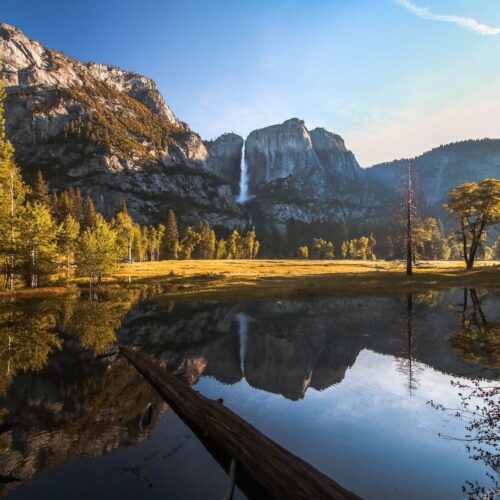 Yosemite Falls golden hour from valley floor