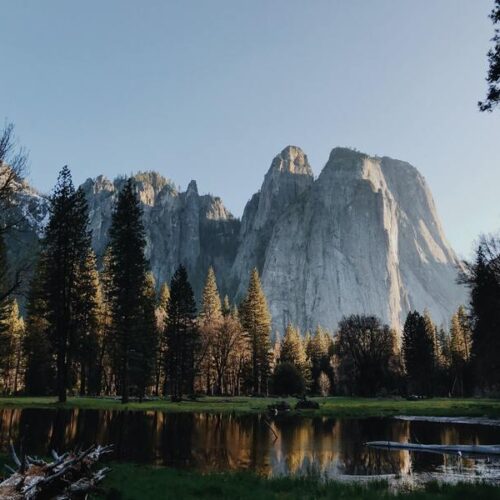 Sun hitting granite walls during sunset in Yosemite