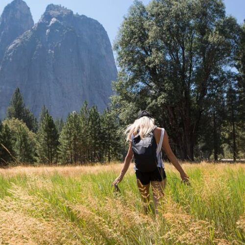 Solo woman hiking in Yosemite meadow
