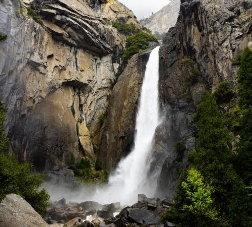 Waterfall surrounding pines in Yosemite